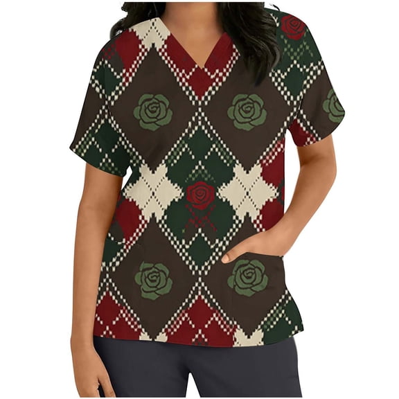 cocolona Scrubs for Women V Neck Short Sleeve Cute Heart Print Workwear Uniform T-shirts with Pockets