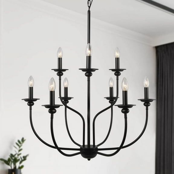 LNC Matte Black 9-Light Candle Chandelier, 2-Tier 30 in Fixture for Dining Room & Foyer