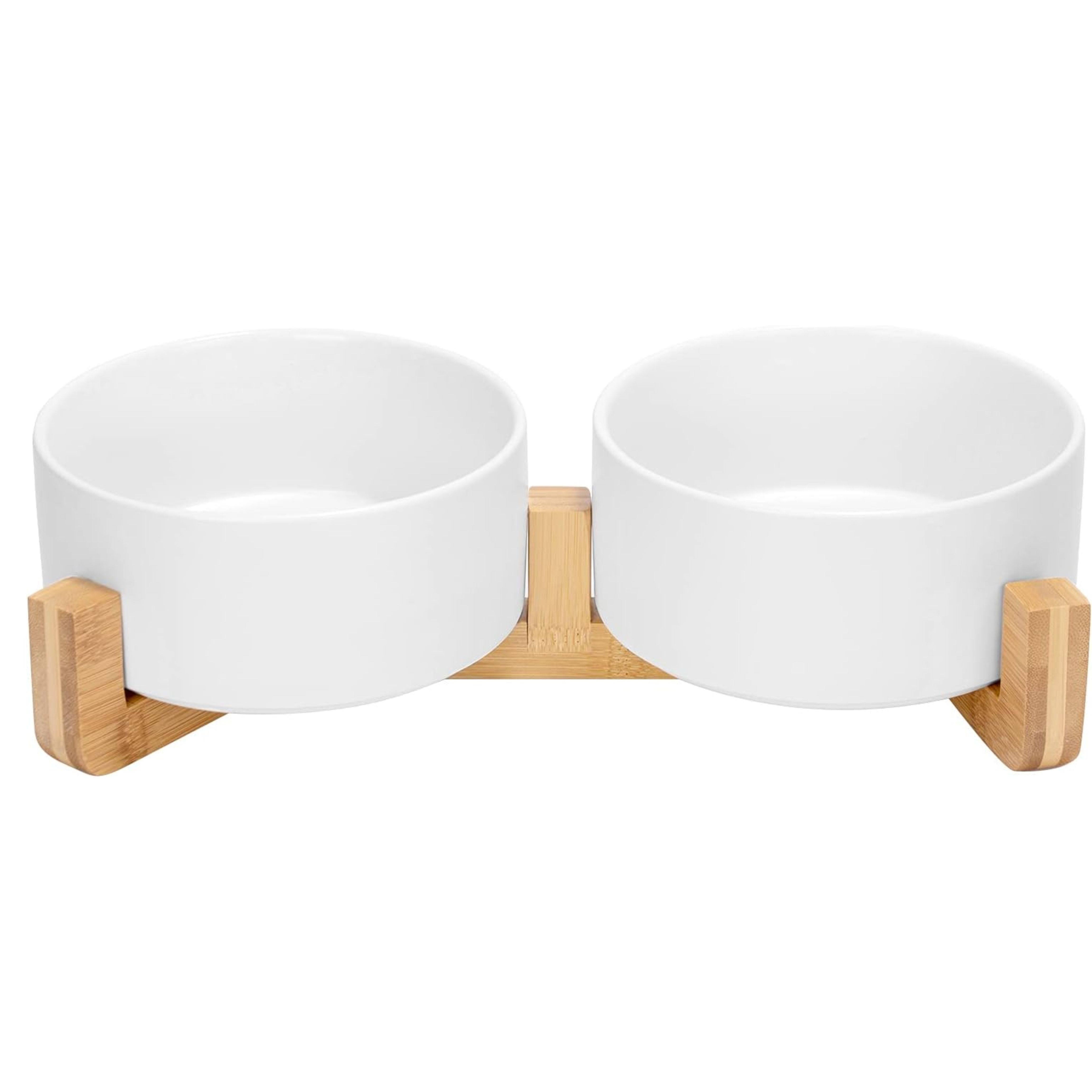 Ceramic Dog and Cat Bowl with Wood Stand Non-Slip Matte Glaze Weighted Food Water Set for Cats &Small Dogs 400 ml - VALLARY