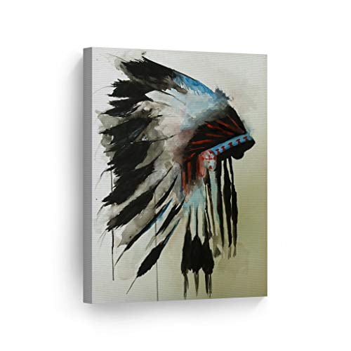 12x8 SmileArtDesign Indian Wall Art Native American Chiefs Headdress Feathered Watercolor Canvas Print Home Decor Decorative Artwork Living Room Bedroom Wall Decor Ready to Hang Made in USA 