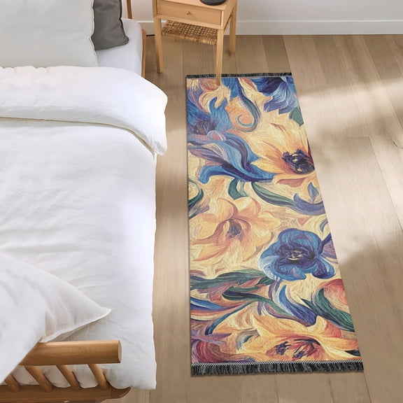 Orange and Blue Flowers Bedroom Runner Rug 2'x 6' Non Slip Carpet Indoor Home Area Rug Living Room