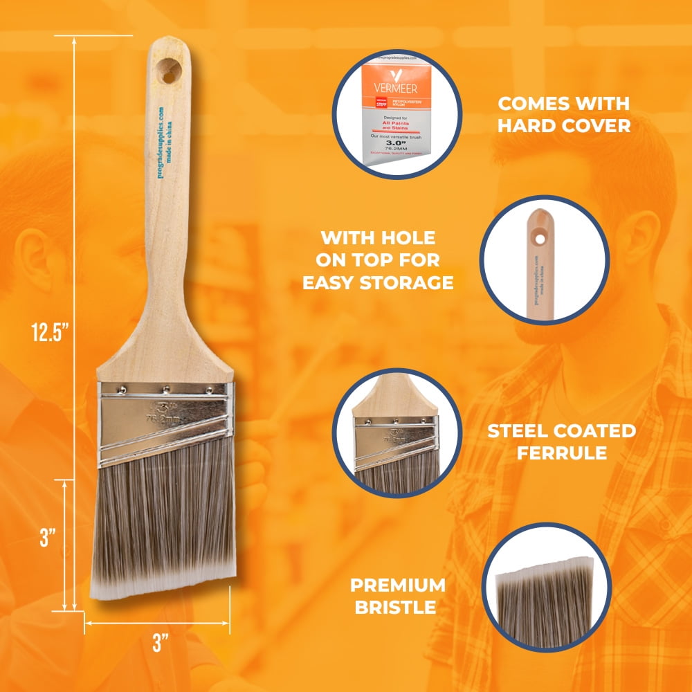 Vermeer Paint Brushes - 12-Pack - 3" Angle Brushes for All Latex and Oil Paints & Stains