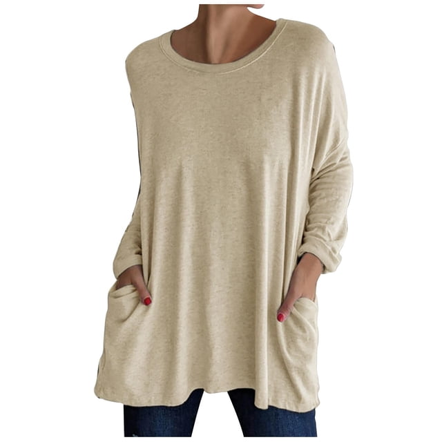 Simua Chandails Décontractés pour Femmes à Manches Longues, Col Rond, avec Poche, T-Shirts, Chemisiers, Tunique, Hauts de Type Chandail en Molleton avec Poche, Kaki, TTG