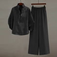 thumbnail image 4 of pstuiky Two Piece Sets for Women Summer Solid Color Cotton Linen Sets Batwing Sleeve V Neck Button Shirts and Wide Leg Pants Set Matching Lounge Set Casual Outfit Black,L, 4 of 9
