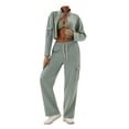 thumbnail image 3 of Women High Waisted Drawstring Wide Leg Cargo Pants Trendy Casual Baggy Joggers Pants with Pockets Bean Green M, 3 of 9