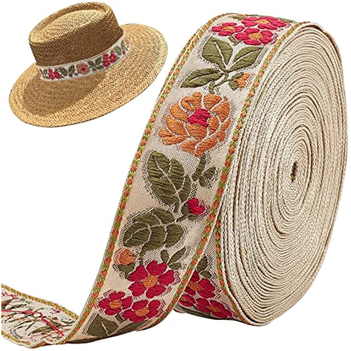 5 Yards 30mm Khaki Jacquard Ribbon Trim Orange & Red Floral Embroidery