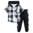 thumbnail image 2 of Hienoo Big Boys Outfits Plaid Long Sleeve Button Hooded Shirt and Pants 2-Piece Set, 2 of 5