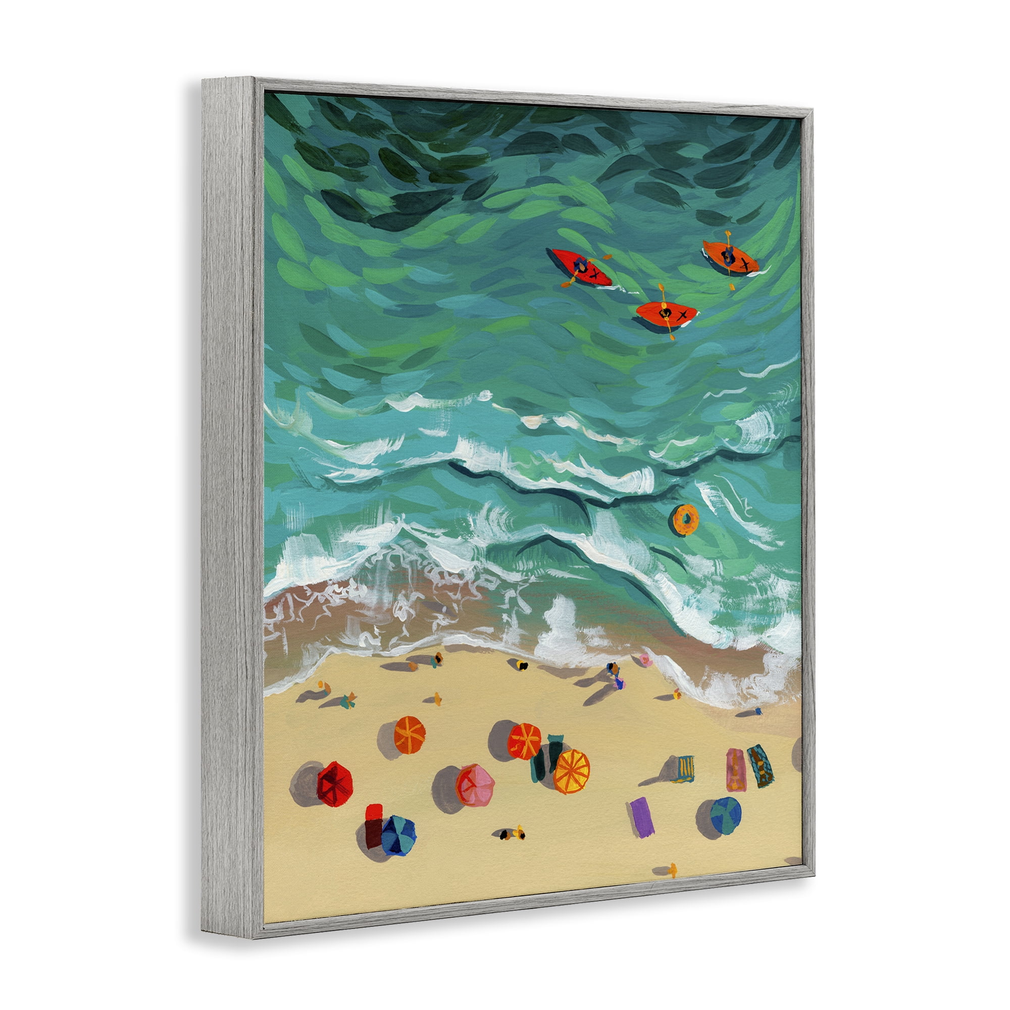 Stupell Industries Three Kayaks in Turquoise Waves Gray Framed Giclee Art, design by Brook Page