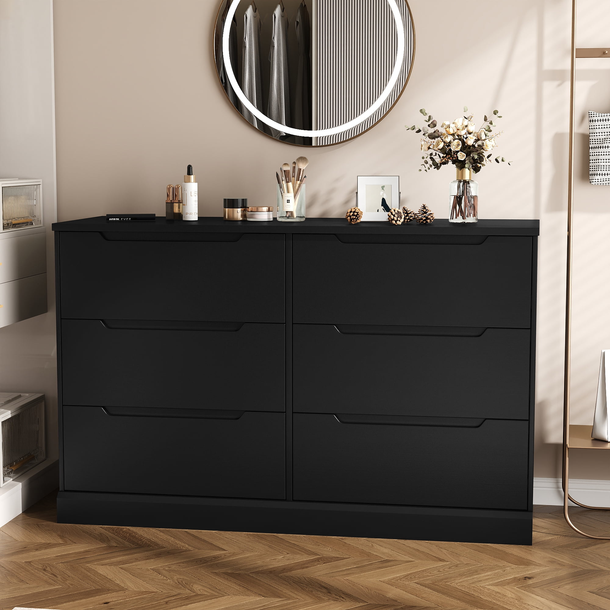 Black Dresser 6 Drawer Dresser for Bedroom, Modern Wooden Closet Dresser Living Room Hallway Entryway Cloakroom Dressing Room