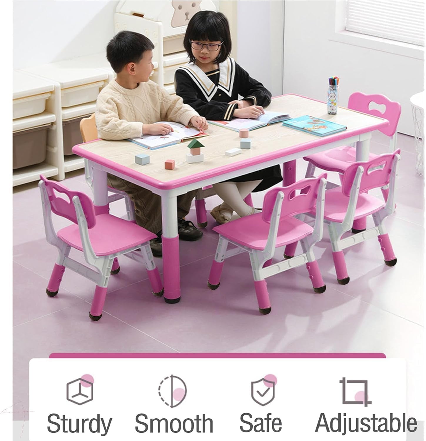 COZONY Adjustable Kids Table and 6 Chairs Set, Toddler Play Activity Table Set with Graffiti Desktop for Reading, Drawing, Eating, Studying, Aged for 2-10, Pink