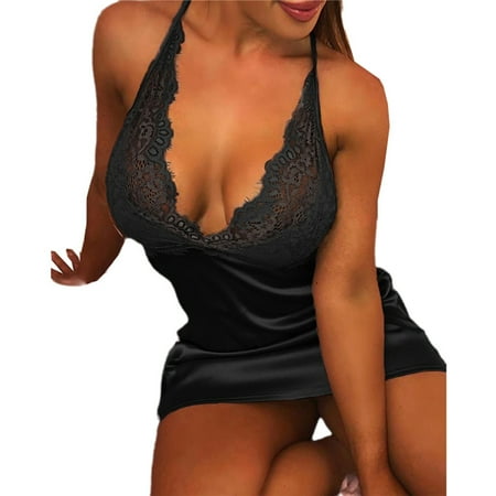 

SHerrylily Women V-Neck Eyelash Lace Halter Plaid Night Dress Sleepwear