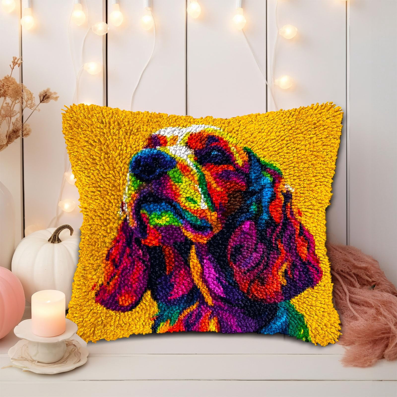 Colorful Cocker Dog DIY Latch Hook Pillow Kits for Adults Printed Pillowcase Crochet Yarns Hooking Handmade Pillow Cover Cushion for Home Sofa Decoration 17x17inch