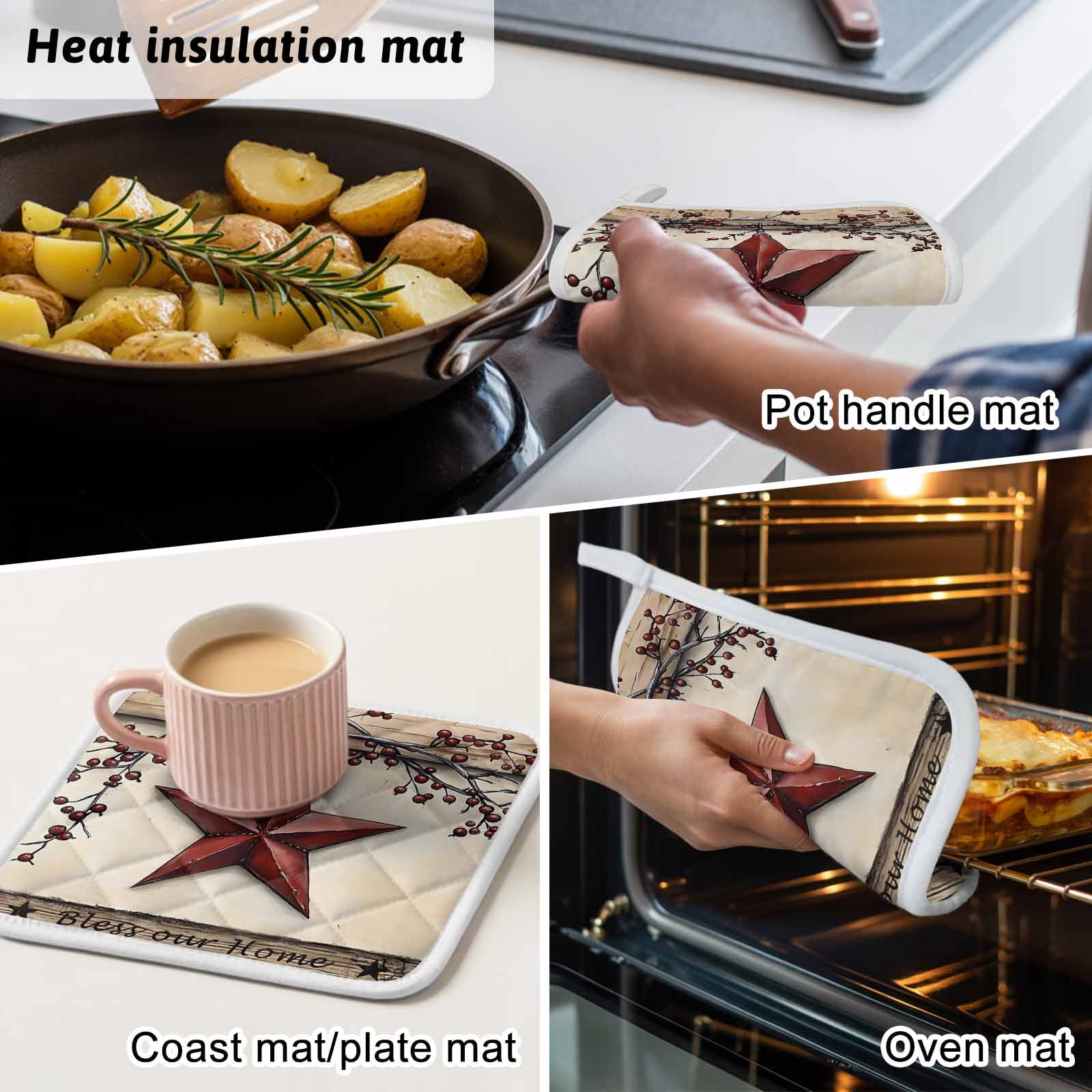 Red Texas Star Rustic Pot Holders for Kitchen Heatproof Potholder, 3 Pack Country Star Berries Wooden Hot Pads Multipurpose Oven Pads Cloth Potholders Trivet for Cooking Baking