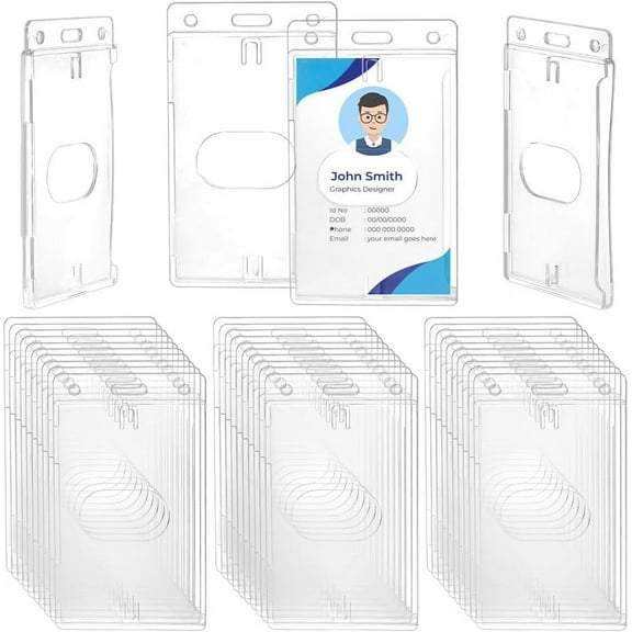 50Pcs Hard Plastic Clear Vertical ID Badge Holder Badge Holder with Thumb Slot Rectangular ID Card Holders Badge Protector Case Card Sleeve for DIY Office School Name Tag Badge Credit Card