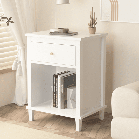 PAPROOS Nightstand with Drawer and Open Shelf, Small Bedside Table, Modern Night Stand End Table for Bedroom, Kids Room, Girls Room, Dorm, White
