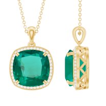 Rosec Jewels Lab Grown Emerald Pendant Necklace with Moissanite Halo - 12 mm - AAAA Grade, 18K Yellow Gold