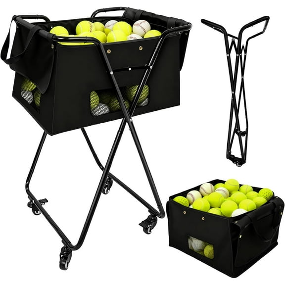 XYJBHB Tennis Ball Hopper Cart with 4 Wheels，Foldable Large Capacity Pickleball & Tennis Ball Collector for Court Training, Coaching