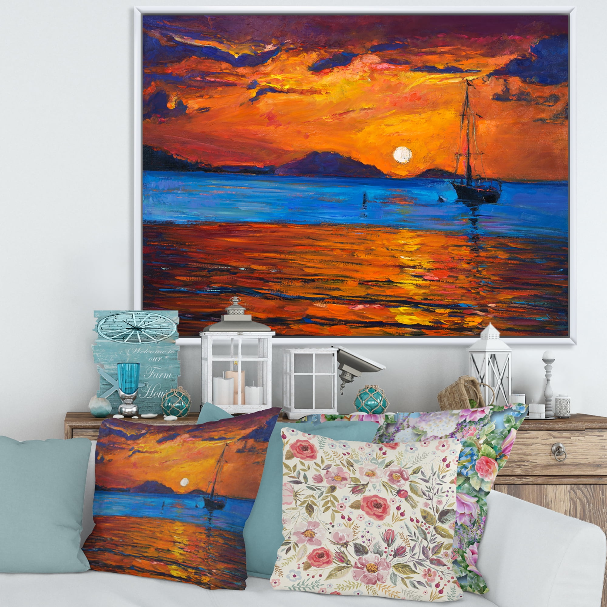 Designart 'Boat At The Lake During Evening Glow IX' Nautical & Coastal Framed Canvas Wall Art Print