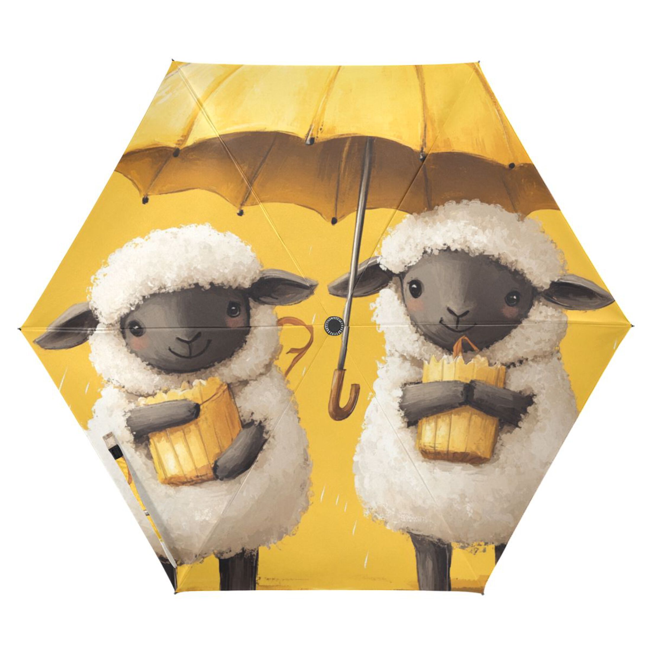Cute Sheep with Yellow Umbrella All Weather Umbrella Triple Folding Parasol 6 Ribs UV Protection Portable