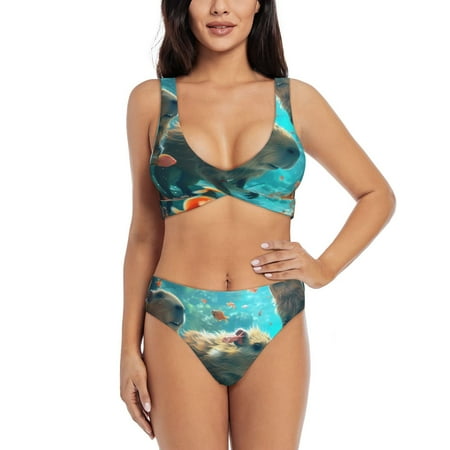 Zeuib Underwater Swimming Guinea Pig High Waisted Tummy Control Bikini Set - Knot Front Push Up Top & Cheeky Thong Bottom  Two-Piece Swimsuit for Women-XX-Large