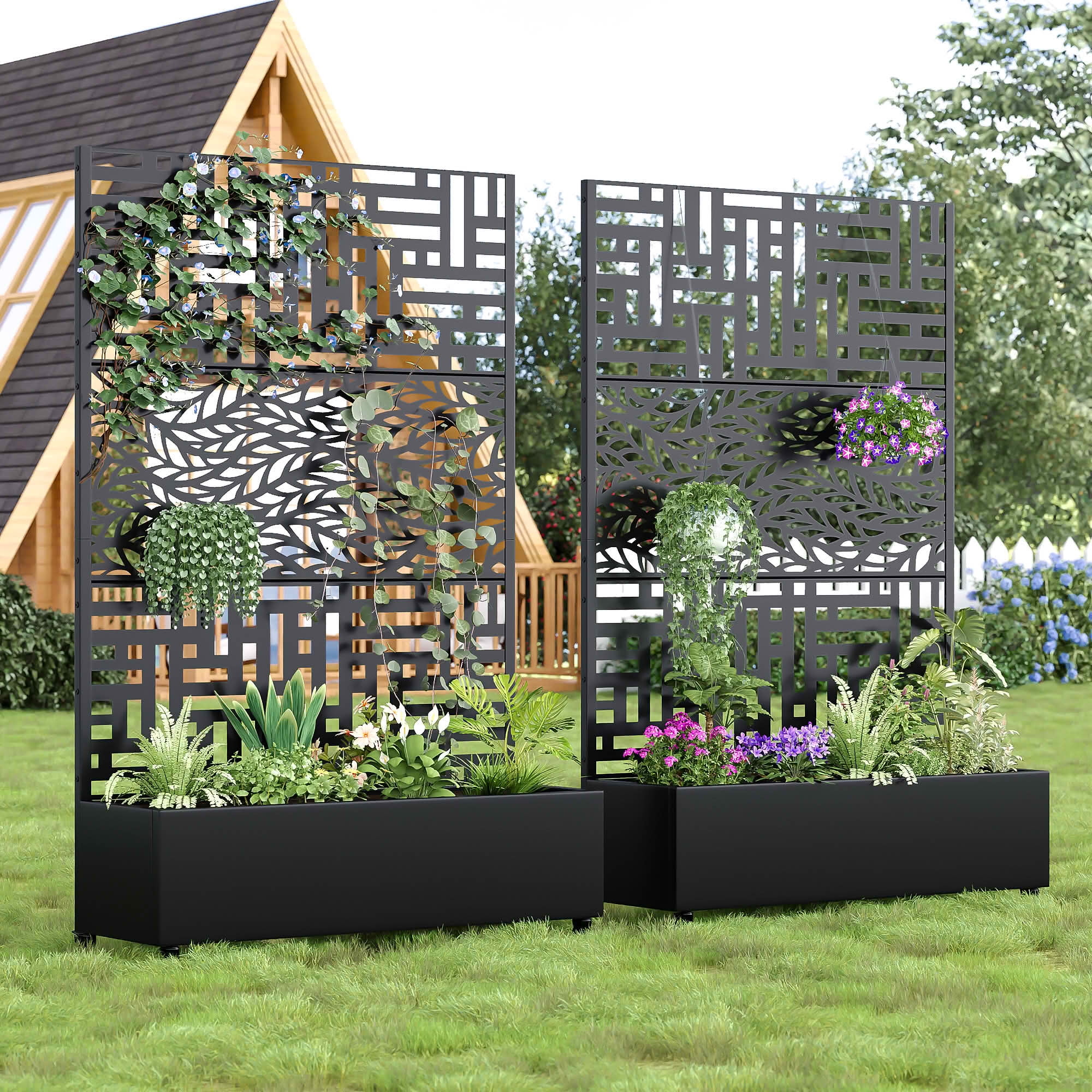 MAYEERTY Black Metal Planter Box with Trellis, Outdoor Garden Patio, 72×47×16in