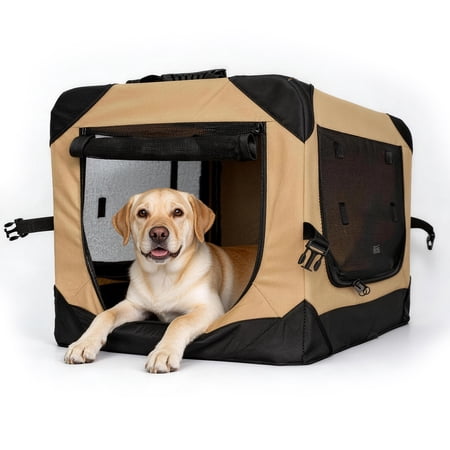 Petsee Portable Dog Crate with Sturdy Frame, Waterproof Fabric, and Durable Mesh, Collapsible Soft Crate for Home, Car, and Travel, Beige
