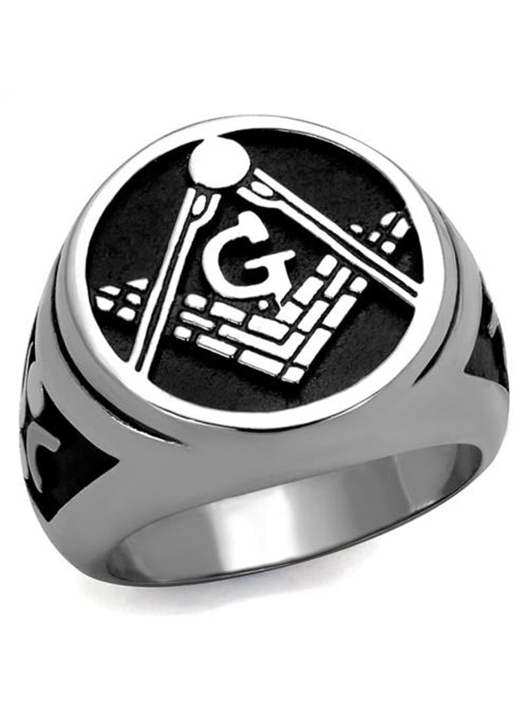 Men's Gold Tone Stainless Steel Black Enamel Crystal Masonic Ring Size 8-13 