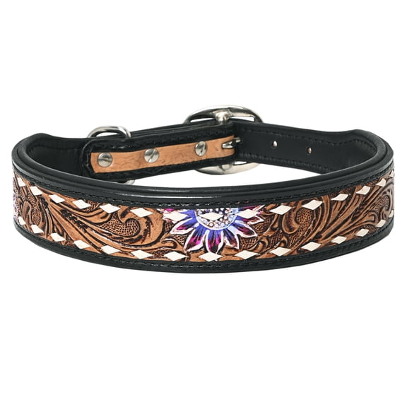 Hilason Sunflower Floral Hand Tooled Strong Genuine Leather Dog Collar Black/Tan Small