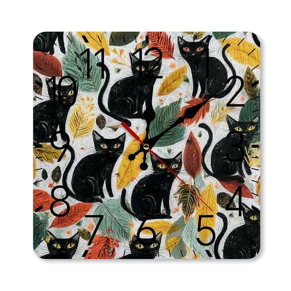 RKSupls 10×10inch Square Silent Wall Clock Wooden Frame, Black Cats Leaves Scale Decorative Clock for Home Bedroom Living Room Office