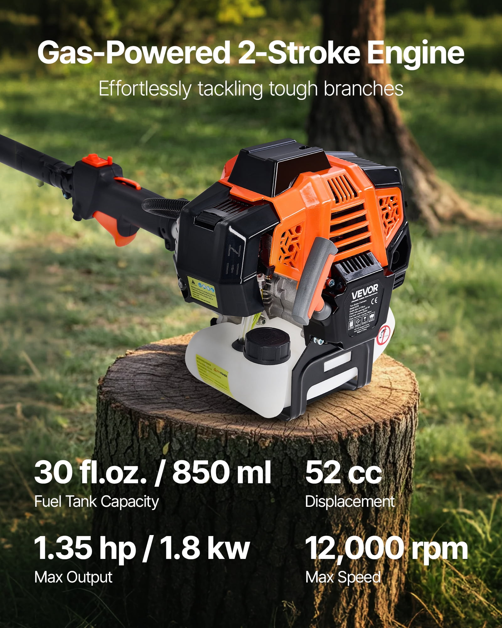 VEVOR Gas Pole Saw, 52CC 2 Stroke Gas Powered Pole Saws with 14 in Cutting Bar, Cordless Tree Trimmer with 30 fl.oz Fuel Tank, 7.2 to 10 ft Extendable, Powerful Chainsaw for Tree Trimming Pruning