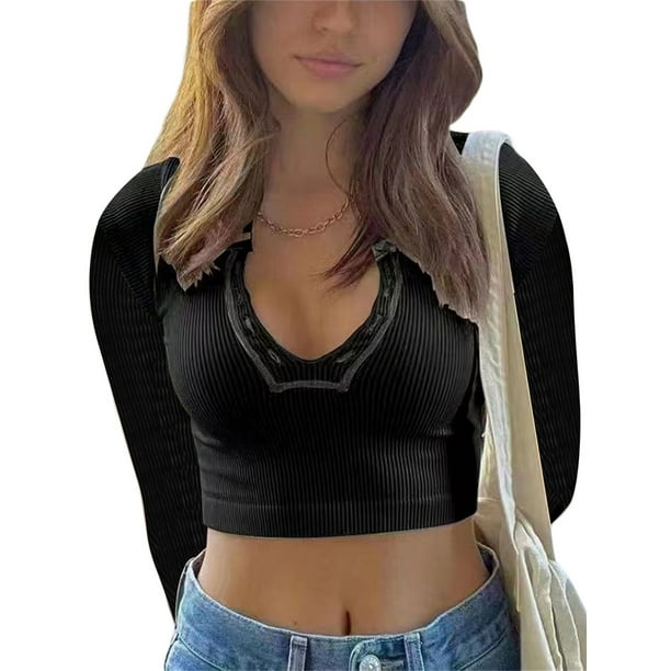 Txlixc Blusa de mujer, blusa de cuello V de manga larga, blusa de ombligo de primavera y verano Txlixc moda