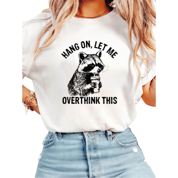 Women's Crew Neck Printed Cotton Tee Raccoon Overthink Slogan Graphic Casual Loose T Shirt Graphic Tees Tops White S-5XL