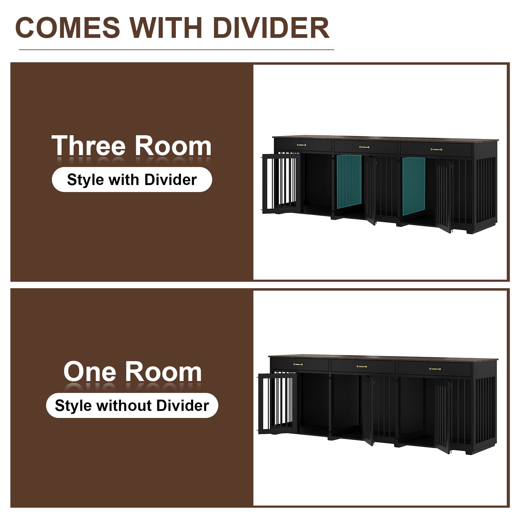Jenser Multi-Functional 3-Door 95" Wooden Furniture Style Crate for Dog with 2 Dividers