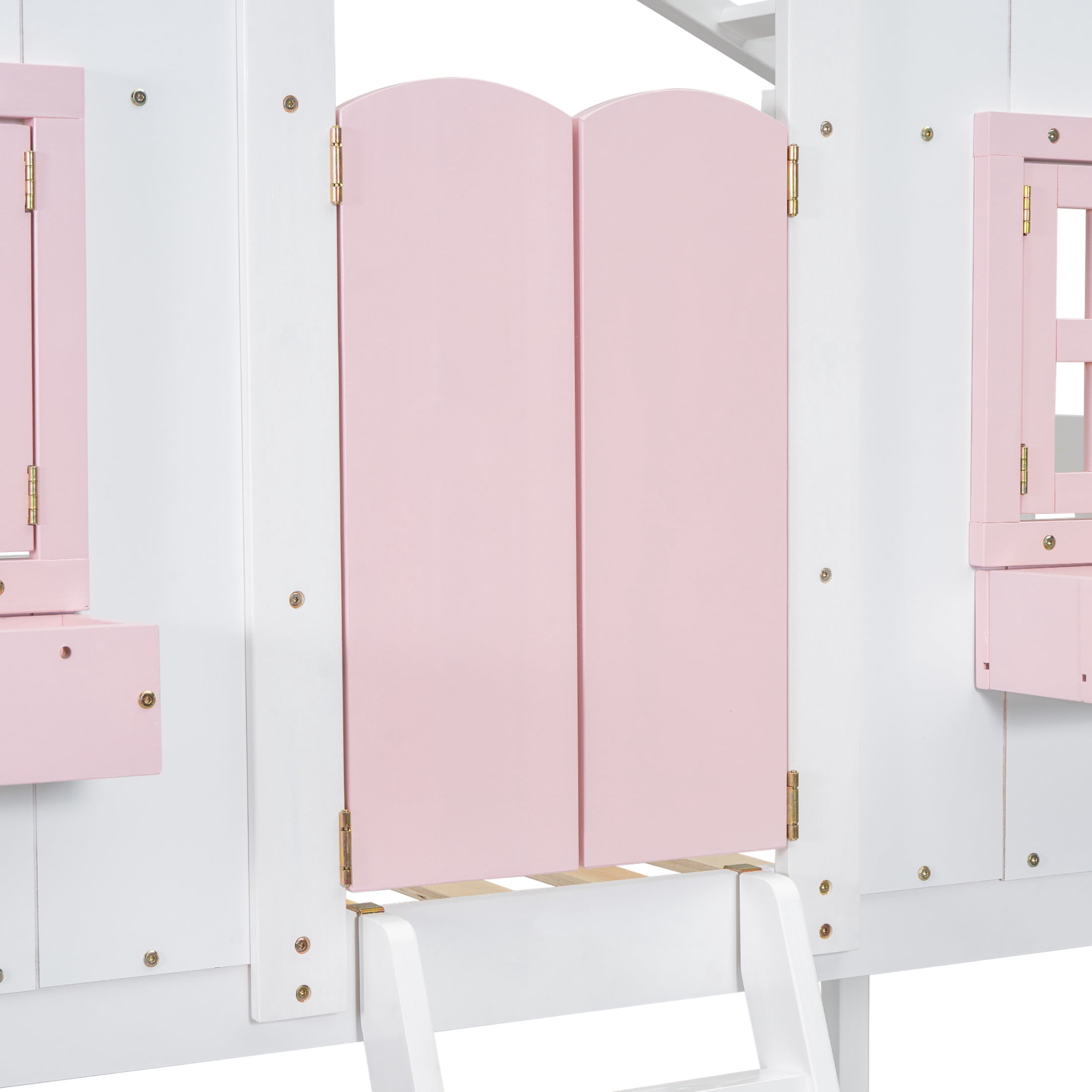 Noble House Twin Over Twin House Bunk Bed, Pine Wood Frame with Safety Guardrails and Ladder, Pink + White