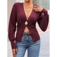thumbnail image 5 of Women Knitted Cardigan Long Sleeve V-Neck Sweater One Leaf Button Down Outwear Wine Red L, 5 of 9