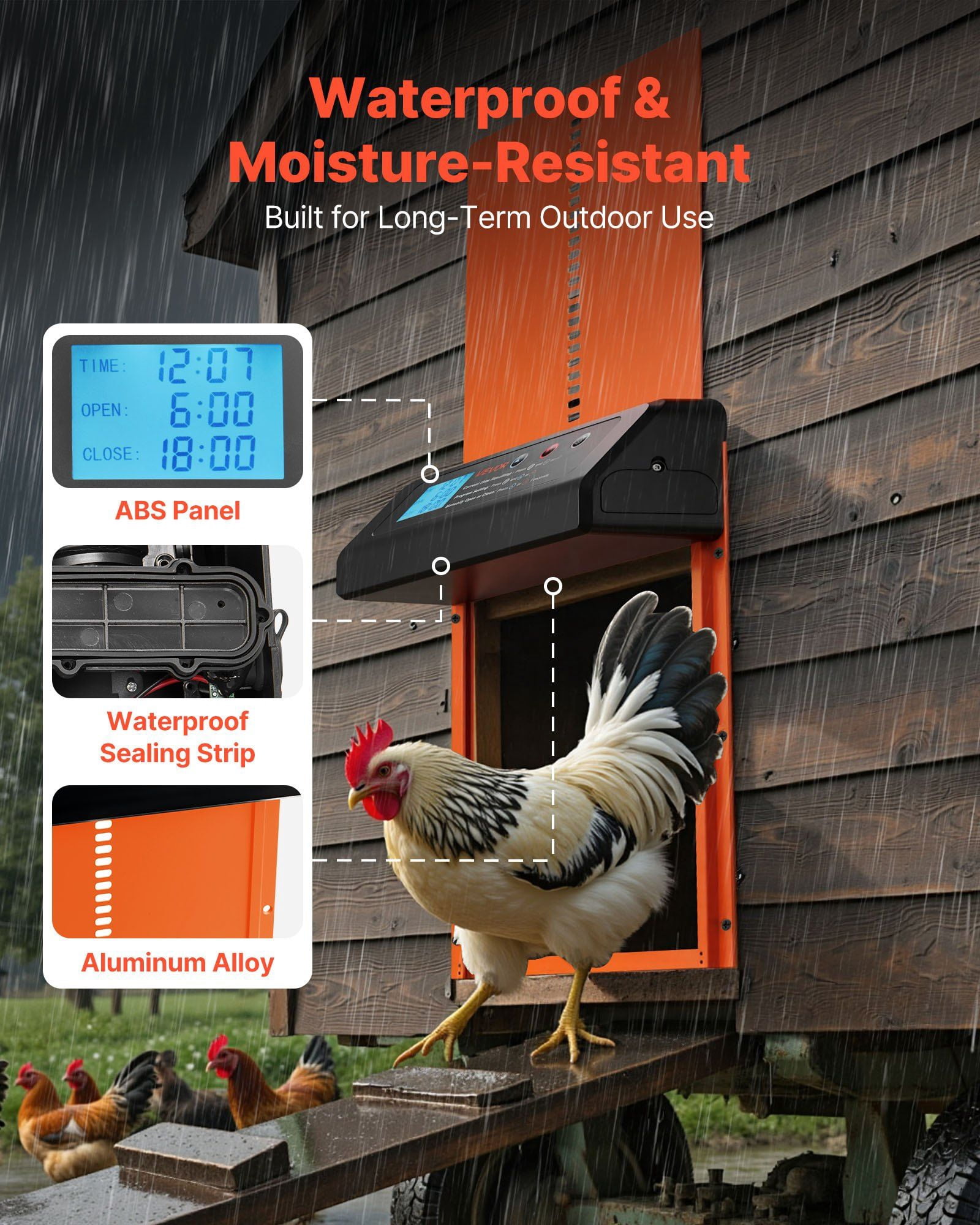 Automatic Chicken Coop Door, Timer and Manual Modes, Anti-Pinch Protection, Aluminum Alloy with ABS Housing, AA Battery Powered, Easy Installation for Backyard Coops