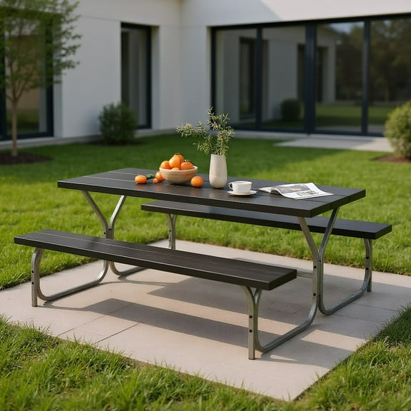 GVN Outdoor Picnic Table,6 Feet Picnic Table Bench Set with HDPE Tabletop for 8 Person-Black