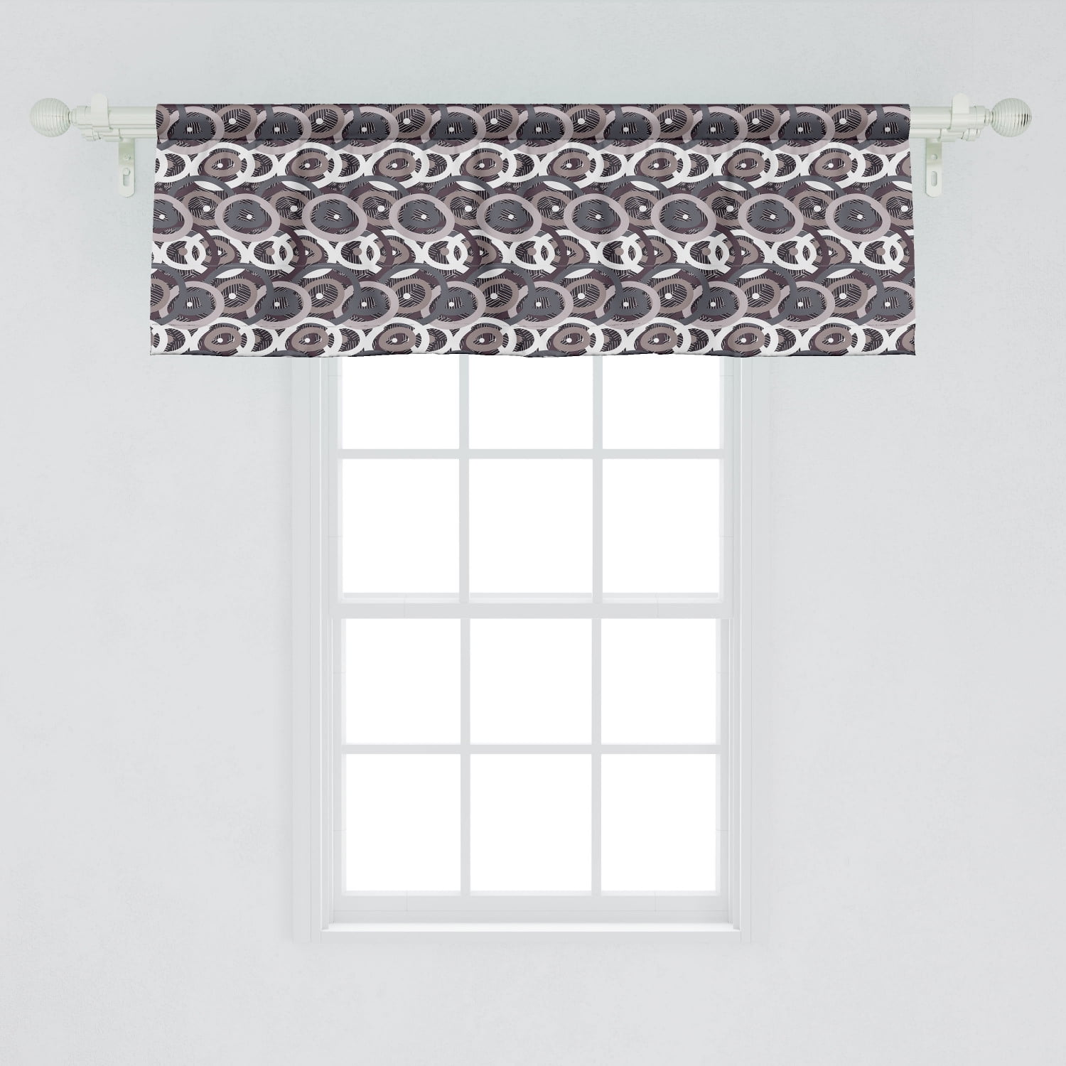 Doodle Window Valance, Hatched Grid Overlaying Handdrawn Circles Retro Style Scribbled Pattern