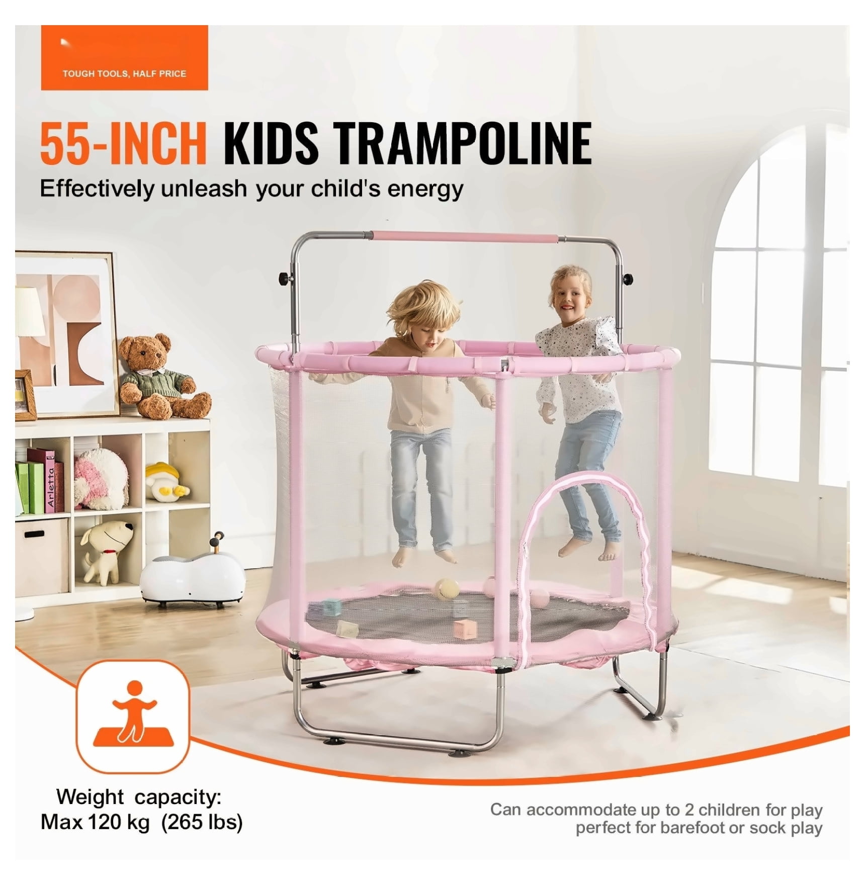 55" Kids Trampoline with Net & Enclosure, Mini Toddler Trampoline Indoor Outdoor, Adjustable Height, Basketball Hoop, Swing, Gifts for Ages 3-12