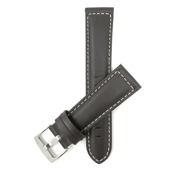 20mm Leather Watch Band Strap, Mat Finish, White Stitching, Stainless Steel Buckle