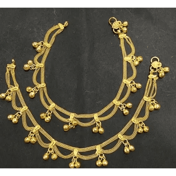 Traditional Gold-Toned Layered Anklets with Dangling Beads – Ethnic Payal Set for Women
