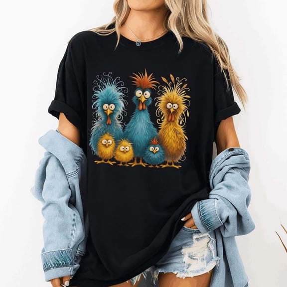 MiyazakiLy Funny Colorful Chicken Family T Shirt Cartoon Bird Graphic Tee Cute Animal Farm Style Top Whimsical Humor Gift Casual Outfit