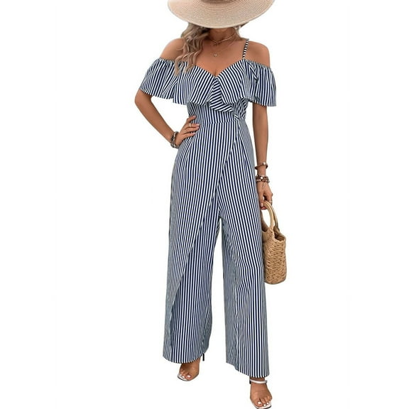 Women Striped Pleated Jumpsuits Dressy Summer Suspender Wide Leg Pants Rompers Overalls Navy Blue S
