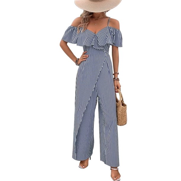 Plisados A Rayas para Mujer, Elegantes, de Verano, con Tirantes y Pantalones de Pierna , . Azul Marino M