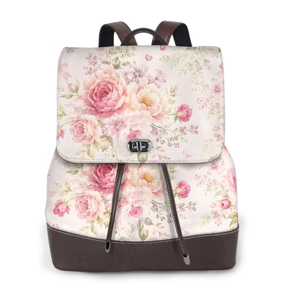 Pink Floral Rose Women's Leather Backpack All-Over Print Bag for Work and Travel