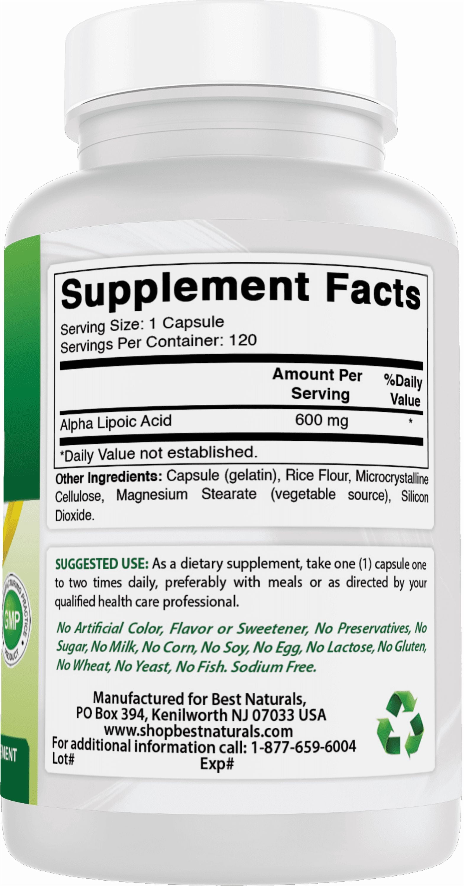 Best Naturals Alpha Lipoic Acid Antioxidant Protection Health Pills, 600 mg, 120 Capsules