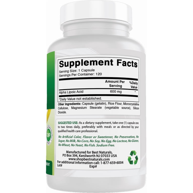 Best Naturals Alpha Lipoic Acid 600 mg - Health Supplement for Antioxidant  Protection, 120 Capsules - Walmart.com