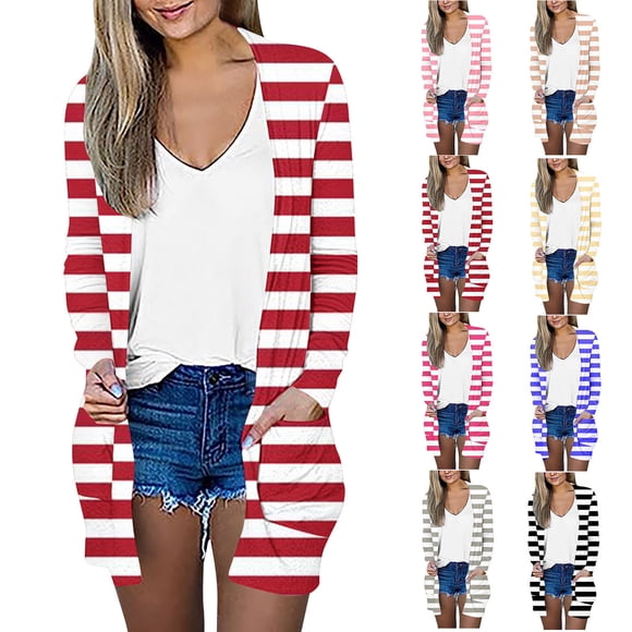 NJDVHB Trench Coat for Women Trench Coat for Women Fashion Long Sleeve Stripe Printed Cardigan Casual Coat/Jacket,Orange,S