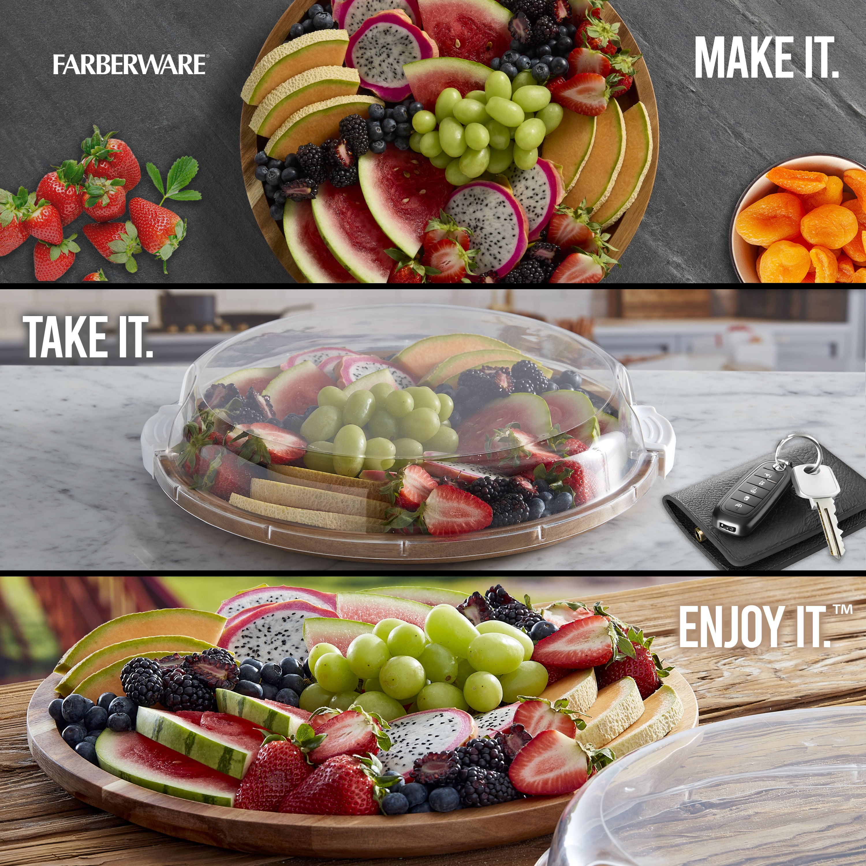 Farberware Build-A-Board 14-Inch Round Acacia Cutting Board with Single Compartment & Locking Lid