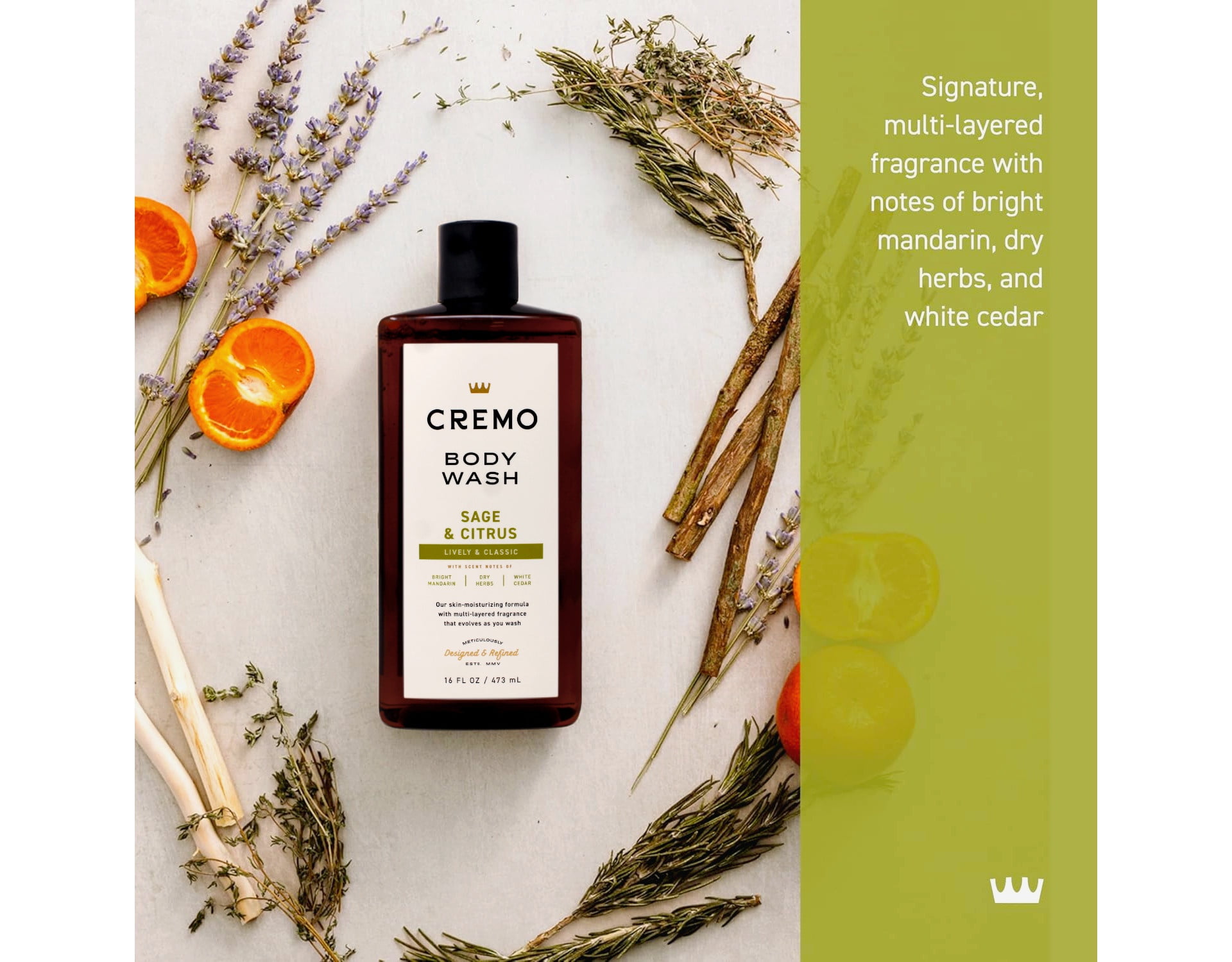 6 Pack - Cremo Body Wash for Men, Sage & Citrus – Bright Mandarin, Dry Herbs & White Cedar, 16 Fl Oz